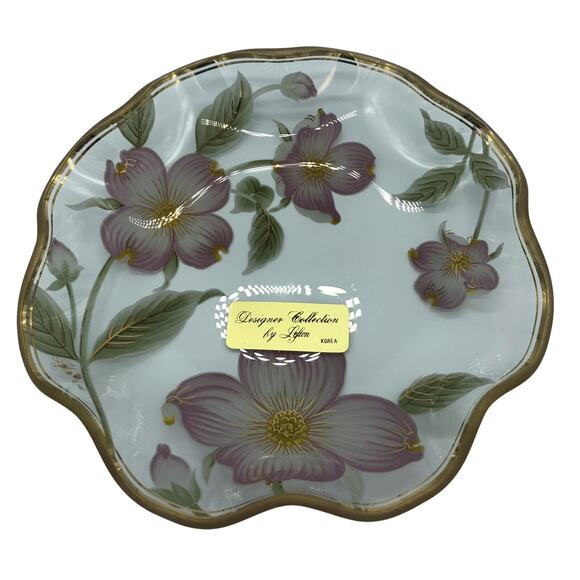 Vintage Lefton Designer Collection Candy Dish Plate Pink Dogwoods Scalloped - Picture 2 of 4